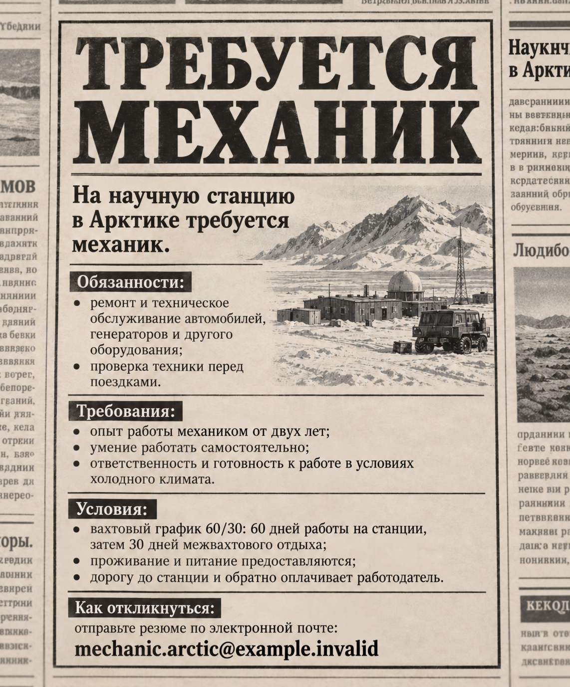 Объявление о вакансии механика на арктической станции